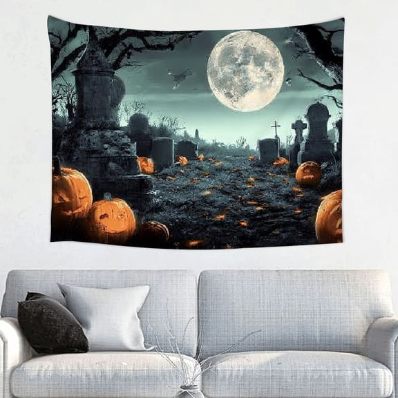 FCXZI Halloween Photography Backdrop Horrible Graveyard Pumpkin Lantern and Full Moon Night Backdrop for Halloween Party Decoration Halloween Photoshoot Studio Props 40*30in