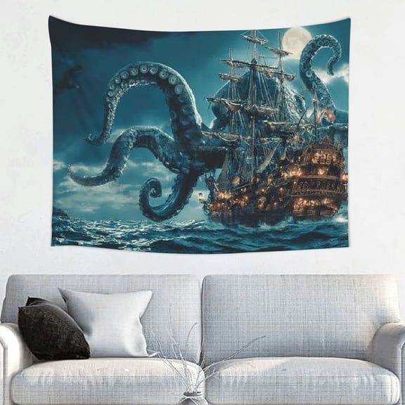 FCXZI   Halloween Pirate Ship Backdrop Creppy Octopus Monster Fantasy Full Moon Night Horror High Seas Nautical Background Pirate Halloween Theme Birthday Wedding Party Decor Photo Props 40*30in