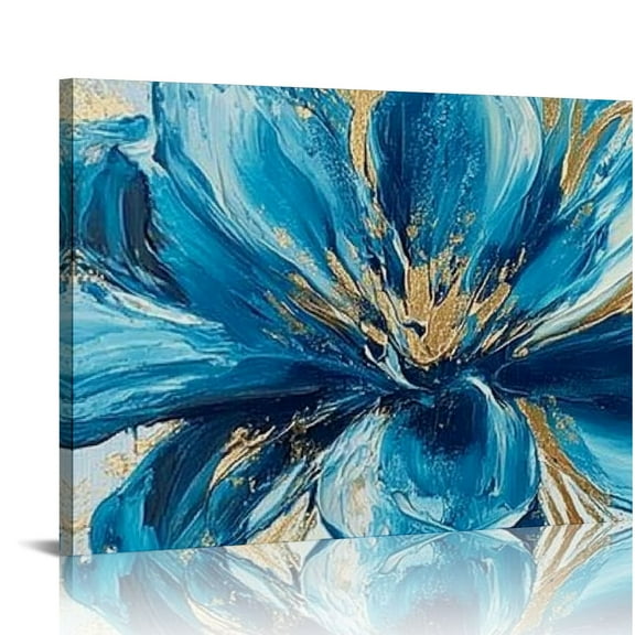 FCXZI Hand-painted Blue Butterfly Wall Art Flower Oil Painting on Canvas Gold Texture Floral Artwork 16x12in