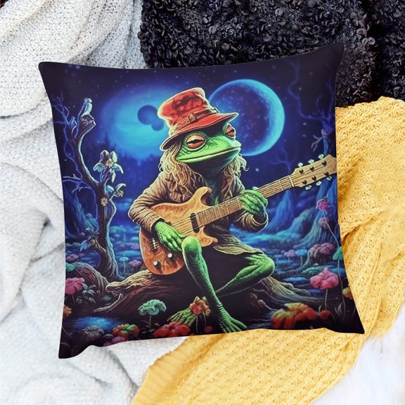 FCXZI Holiday Pillow Case Frog Guitar Mushrooms Home Decor 100% Linen 24x24in