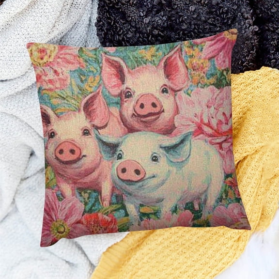 FCXZI Home Decor Throw Pillow Cover Pigs Flowers Kitsch Square Cushion 18x18in