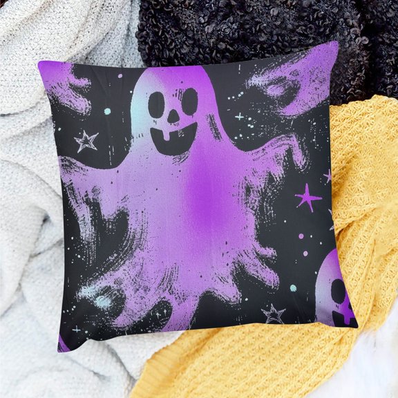 FCXZI Home Decor Throw Pillows Cover Ghost Stars Happy Halloween 100% Linen Pillow Covers for Home Sofa Couch 18x18in