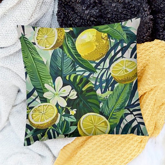 FCXZI Home Decor Throw Pillows Cover Lemons Palm Leaves Flowers Indoor Decoration for Home Sofa Couch Linen 100% 18x18in