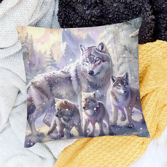 FCXZI Home Decor Throw Pillows Cover Wolf Family Baby Wolf Snow Theme Indoor Decoration for Home Sofa Couch 100% Linen Set of 1 Pillow Covers 18x18in