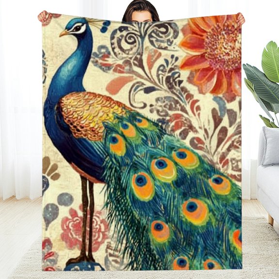 FCXZI Home Leisure Flannel Blanket Peacock Flower Pattern Cozy Gift 50*60in
