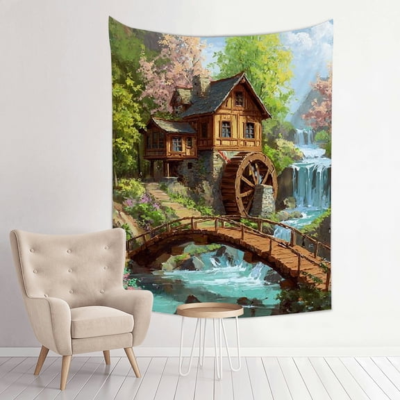 FCXZI Home Wall Tapestry Art House Bridge Waterfall Decorative Hanging 30*40in