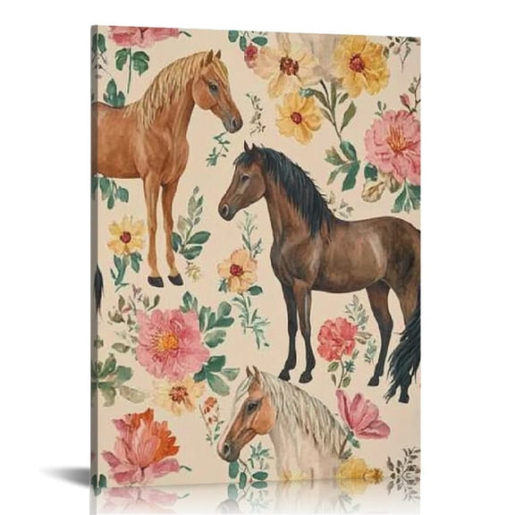 FCXZI Horses Flowers Pattern Wall Decor Canvas Art for Home 12x16in