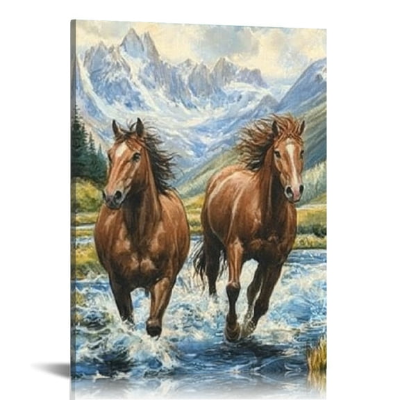 FCXZI Horses River Mountains Wall Decor Canvas Art for Home 12x16in