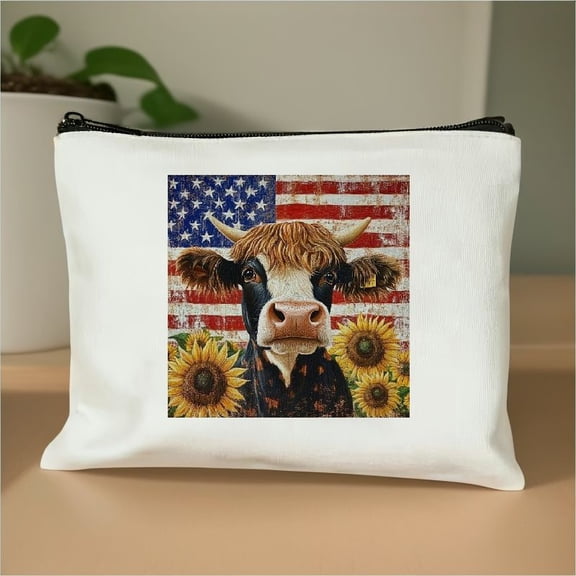 FCXZI of July Patriotic Highland Cow Makeup Bag - Fourth of July Decorations Cosmetic Bags, Independence Day Decor Zipper Makeup Bag, Summer Sunflower Floral Highland Cow Gifts, Cow Makeup Bag White