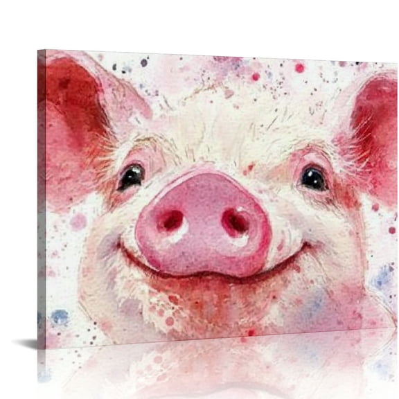 FCXZI Kids Room Decor Pig Canvas Wall Art, Modern Watercolor Splatter and Splotches Pink Pig Painting Artwork Decor for Farmhouse Kitchen Bathroom Living room Canvas paintings 20x16in