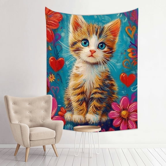FCXZI Kitten Hearts Flowers Print Tapestry Wall Hanging Art 30*40in
