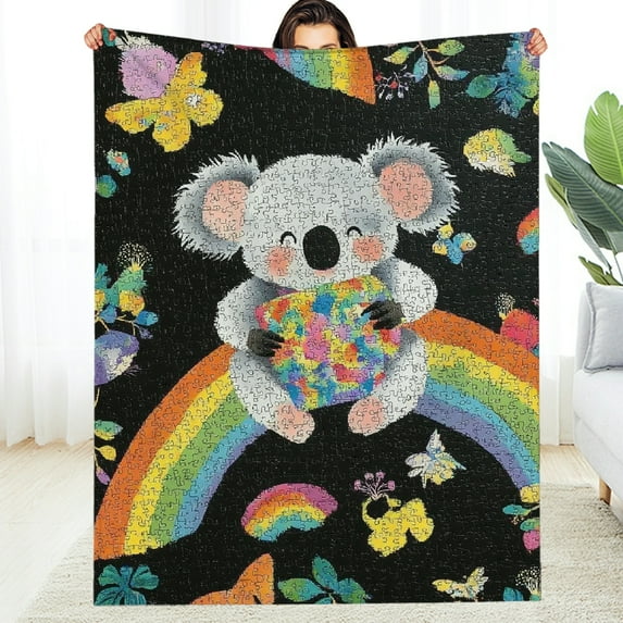 FCXZI Koalas Rainbows Jigsaw Flannel Blanket Lightweight Multi-Purpose 60*80in
