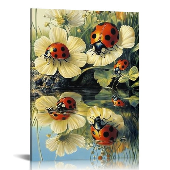 FCXZI Ladybugs Flowers Pond Canvas Wall Art Home Decor 12x16 12x16in