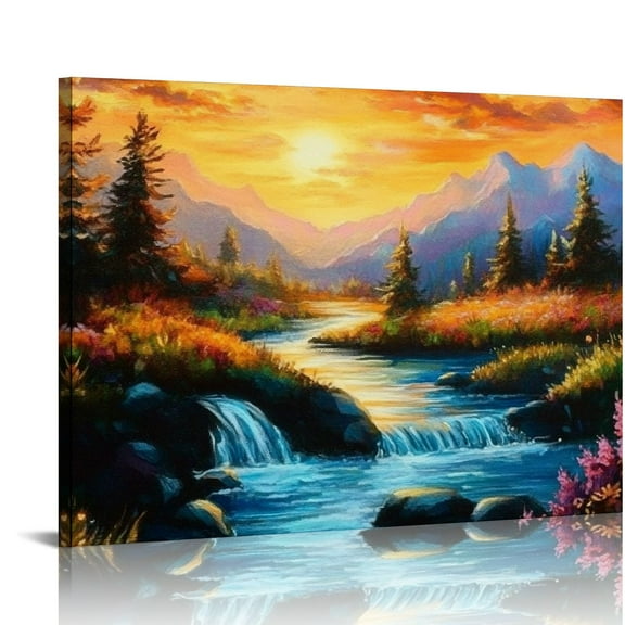 FCXZI Landscape Canvas Wall Art Snow Mountain Night Round Moon Stream Flowers Print Nature Scenic Theme Painting Artwork for Bedroom Bathroom Wall Decoration Stretched Canvas painting 16x12in