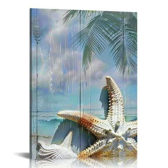 FCXZI Large Bathroom Blue Ocean Picture Palm Tree Coastal Conch Seashell Painting Starfish Canvas Wall Art Modern Artwork for Bedroom Living Room Kitchen Nursery Home Office Decor  12x16in