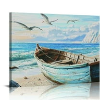 FCXZI Large Beach Picture Wall Art Coastal Boat Blue Ocean Landscape Canvas Art Seagull Nautical Seascape Textured Painting Artwork for Living Room Bedroom Bathroom Office Home Decor  16x12in