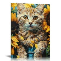FCXZI Large Cat Canvas Wall Art - Cat Art Sunflowers, Cat Painting Wall Decorations, Cute Cat Pictures Canvas Printing Canvas Hanging Paintings 12x16in
