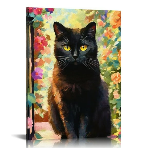 FCXZI Large Cat Canvas Wall Art - Funny Black Cat Art Oil Painting Garden, Cat Painting Wall Decoration, Cute Cat Picture Canvas Printing Cat Ready To Hang Canvas Hanging Painting 12x16in