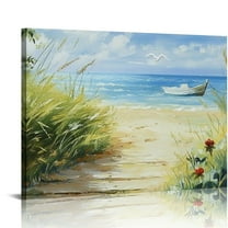 FCXZI Large Coastal Canvas Wall Art Beach Path Seascape Painting, Blue Ocean Floral Palm Tree Landscape Picture Textured Artwork for Living Room Bedroom Bathroom Office Home Decor 16x12in