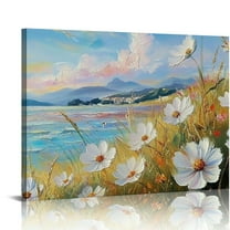 FCXZI Large Flower Canvas Wall Art Butterfly Floral Landscape Textured Painting Blue Coastal White Wildflowers Daisy Picture Artwork for Living Room Bedroom Bathroom Office Home Decor  16x12in