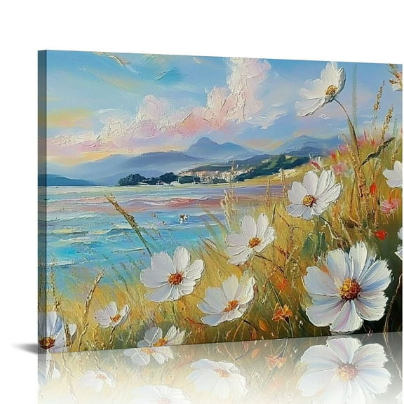 FCXZI Large Flower Canvas Wall Art Butterfly Floral Landscape Textured Painting Blue Coastal White Wildflowers Daisy Picture Artwork for Living Room Bedroom Bathroom Office Home Decor  16x12in