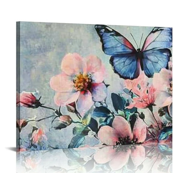 FCXZI Large Flowers Canvas Wall Art Abstract Peony Landscape Painting, Pink Florals and Butterfly Picture Textured Artwork for Living Room Bedroom Bathroom Kitchen Office Home Decor  16x12in