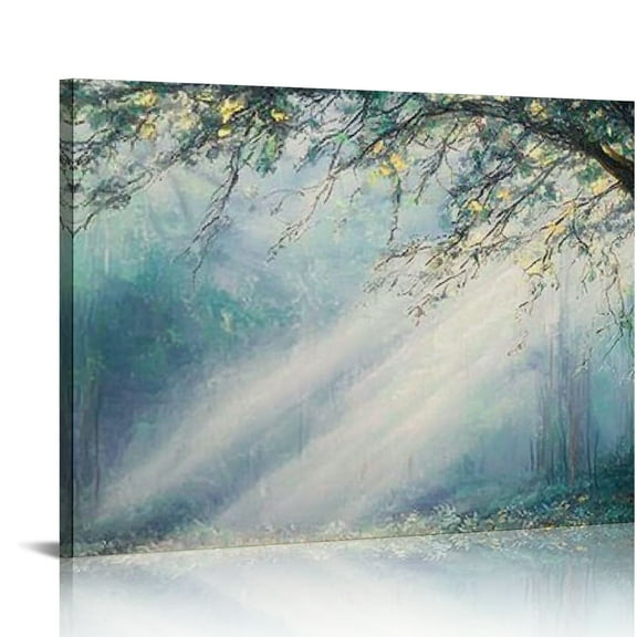 FCXZI Large Forest Canvas Wall Art Green Tree Landscape Picture Nature Panoramic Rustic Scenery Textured Painting Modern Artwork for Living Room Bedroom Bathroom Office Home Decor 16x12in