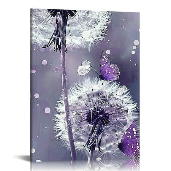 FCXZI Lavender Dandelion Canvas Wall Art Abstract Wish Flower Butterfly Picture for Bathroom Bedroom Kitchen Wall Decor Ready to Hang  12x16in