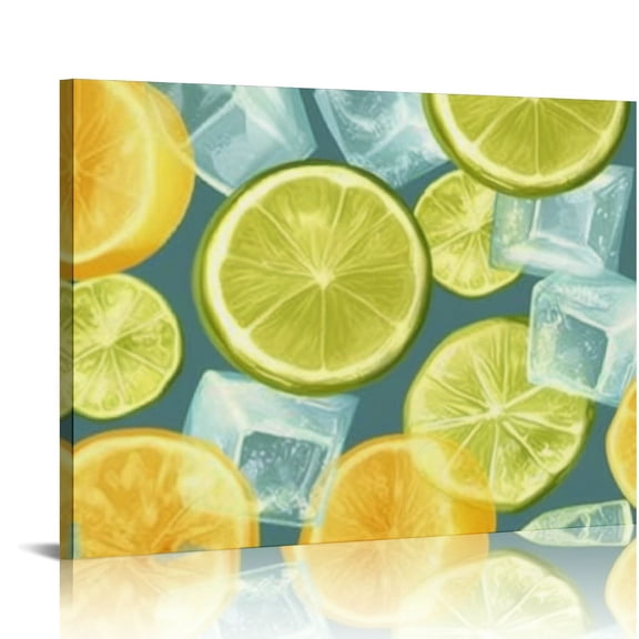 FCXZI Lemons Limes Ice Cubes Canvas Print Wall Decor Ready To Hang Art Decor for Home Bedroom Kitchen Bathroom Office Hotel Salon 16x12in