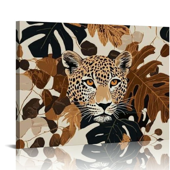 FCXZI Leopard Print Leaves Spots Canvas Print Wall Art Room Home Decor Ready To Hang Modern Style 16x12in