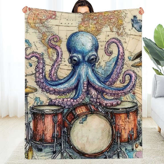 FCXZI Lightweight Flannel Blanket Octopus Drums World Map Design 60*80in