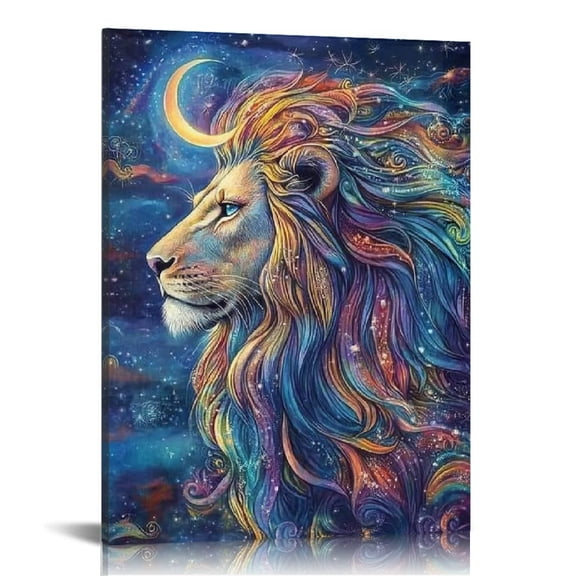 FCXZI Lion Colorful Mane Crescent Moon Canvas Print Wall Art 12x16in