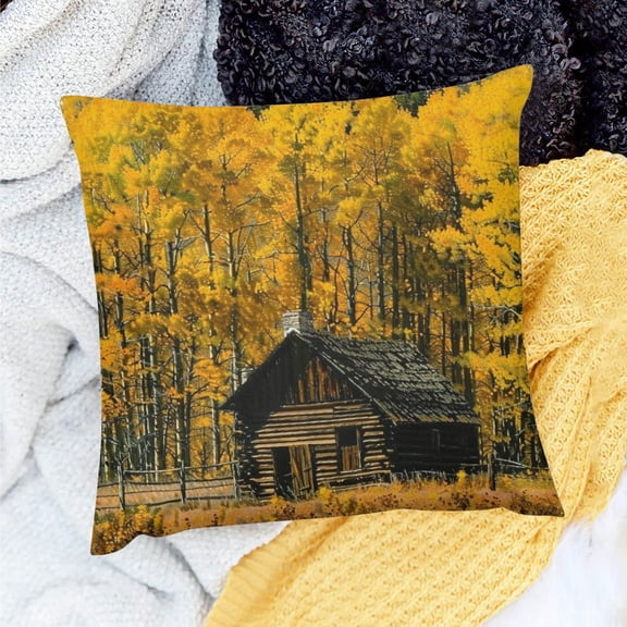 FCXZI Log Cabin Yellow Trees Fence Throw Pillow Cover for Home Sofa Couch Decor Linen Material 18x18in