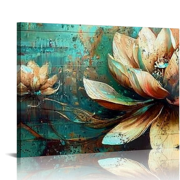 FCXZI Lotus Flower Wall Art for Living Room, Floral Canvas Wall Decor for Bedroom, Teal Vintage Print Painting, Colorful Artwork for Home, Aesthetic Picture Decoration 16x12in