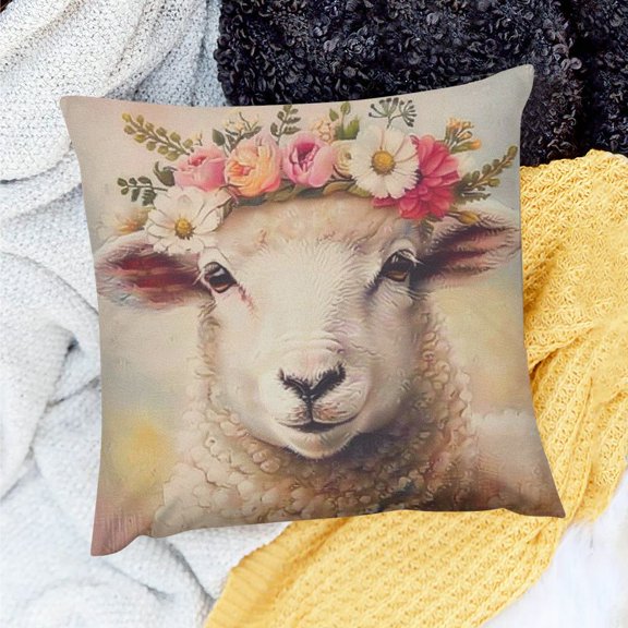 FCXZI Lovely Animal Throw Pillow Cover Watercorlor Sheep with Flower Wreath Decorative Cotton Linen Farmhouse Pillow Case Cushion Cover for Couch Bed Sofa Car  18x18in