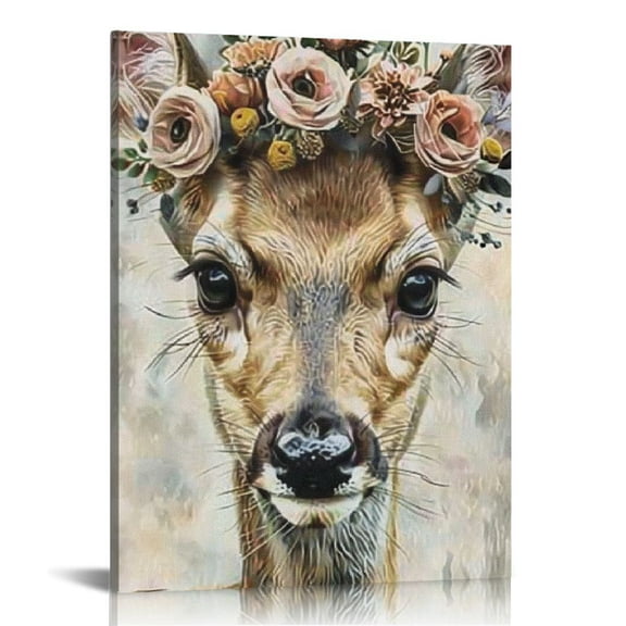 FCXZI Lovely Deer Portrait Canvas Wall Art Cute Forest Animal Floral Crown  Print Retro Fawn Picture Aesthetics Decorative Painting Living Room Baby Room Nursery Wall Decor Canvas painting 12x16in