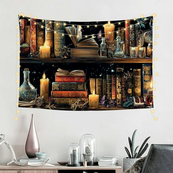 FCXZI   Magic Bookshelf Tapestry Magical Witchy Potion Dark Hippie Haloween Tapestries Wall Hanging Gothic Skull Black Cat Library Book Tapestry for Bedroom Living Room Dorm  60*40in
