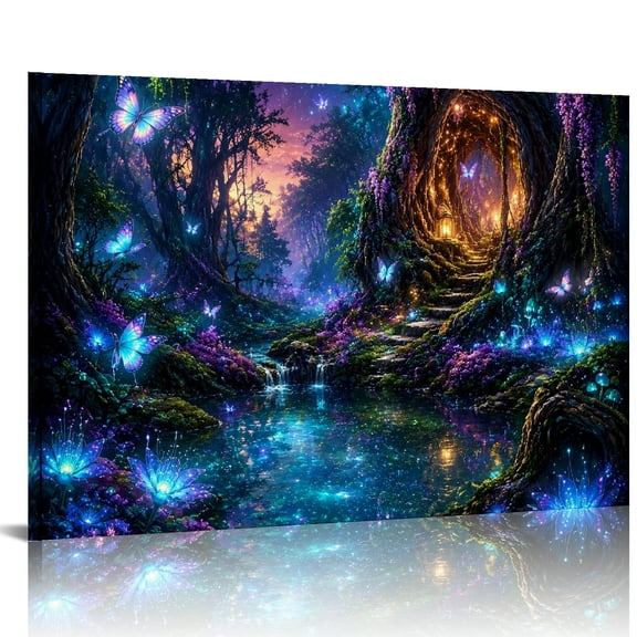FCXZI Magical Forest Tree House Canvas Wall Art for Living Room Bedroom Kitchen Decor 24x16in