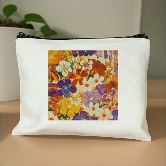 FCXZI Makeup Bag for Women Gift,Retro Hippie Flowers Rainbow Makeup Bag,Vintage Floral Cosmetic Bag Best Gift Idea for Teen Girls Women,Birthday Christmas Gifts White