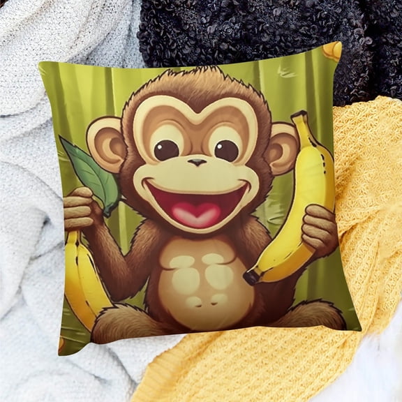 FCXZI Monkey Banana Smiling Square Pillow Case for Home Sofa Couch 20x20in