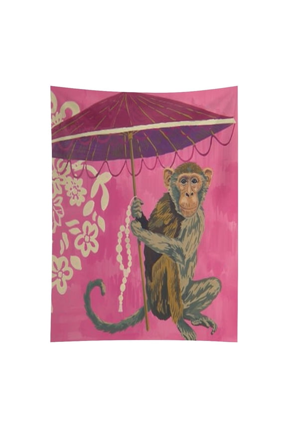 Monkey Holding Umbrella Tapestry in Green Fields, Polyester Printed Wall Hanging, Suitable for Bedroom,Dormitory, and Living Room, Aesthetic Home Decoration for Adults and Families