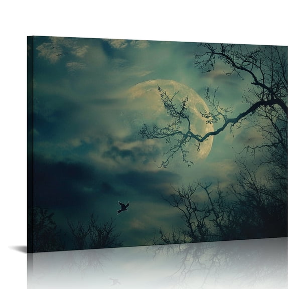 FCXZI Moon Bird Trees Canvas Print Wall Decorations for Home and Office, Ready To Hang Room Art Decor 16x12in