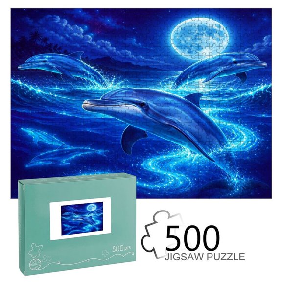 FCXZI  Moonlight Dolphins Glowing Waves,  Interest Wooden Jigsaw Puzzle, HD Printed Art Puzzle, Interactive Family Game, Wall Decor for Bedroom Living Room, Educational, Fun Gift for Adults and Famil