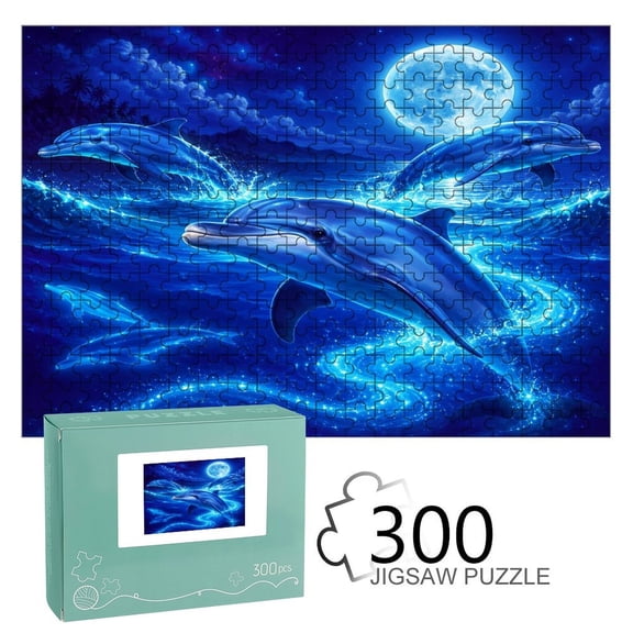 FCXZI Moonlight Dolphins Glowing Waves, Interest Wooden Jigsaw Puzzle, HD Printed Art Puzzle, Interactive Family Game, Wall Decor for Bedroom Living Room, Educational, Fun Gift for Adults and Famil