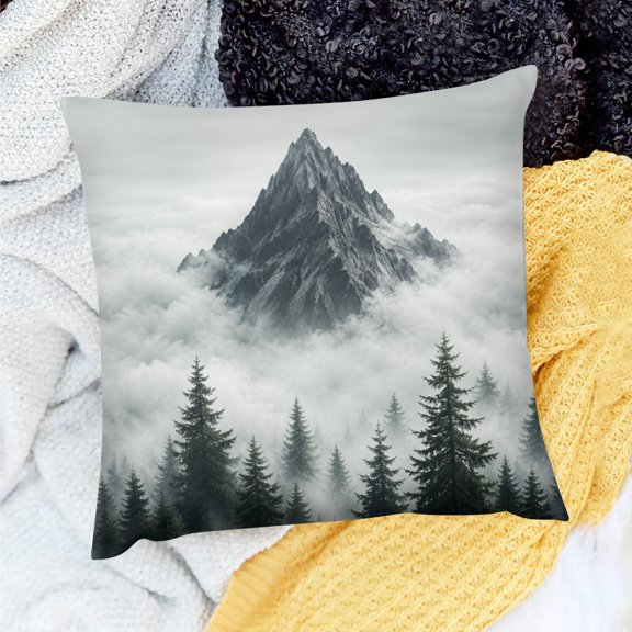 FCXZI Mountain Peak Clouds And Pine Forest Waterproof Linen Throw Pillow Cover for Home Sofa Couch 18x18in