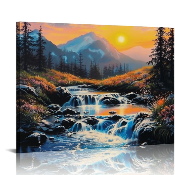 FCXZI Mountain Stream Sunset Canvas Wall Art Decor Ready To Hang - Home Living Room Bedroom Office Hotel Decor 16x12in
