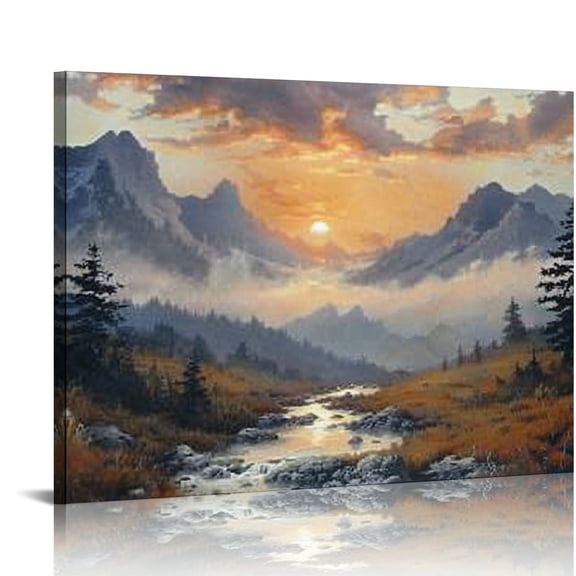 FCXZI Mountain Stream Sunset Wall Art Canvas Print Ready To Hang Home Decorations 16x12in