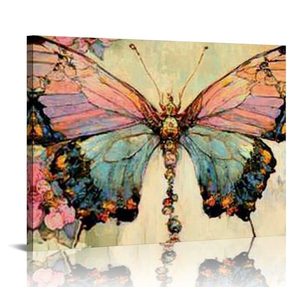 FCXZI Nordic Fairy Butterfly Illustration Gemstone Insert Crystal Butterfly Canvas Painting Artwork Wall Art Prints Oil Painting Decoration Wall Pictures Living Room Decor 20x16in