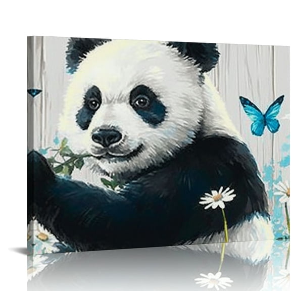 FCXZI Nursery Wall Art Panda Playing Flower Painting Baby Boys Girls Kids Room Decor Canvas Artwork 20x16in