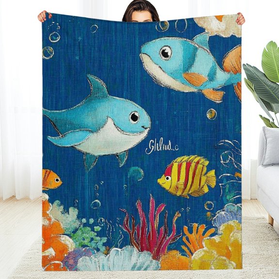 FCXZI Ocean Fish Sea Animals Durable Soft Flannel Blanket, Reversible 60*80in
